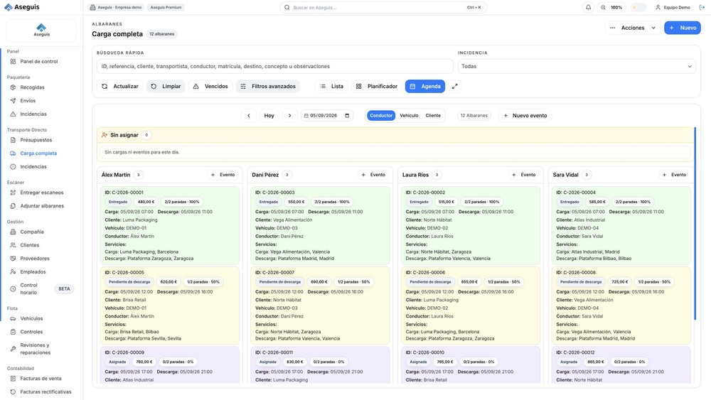Agenda real de carga completa por conductor, con horarios y paradas